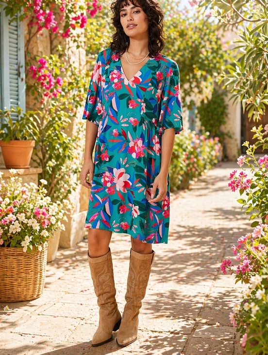 Grace & Mila Dresses & Skirts - NWT Grace & Mila Teal Floral V-Neck Shift Dress Oversized Boho Cottagecore Flowy